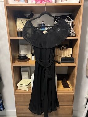 Michael Kors Black Off-the-Shoulder Midi Dress with Tie Waist